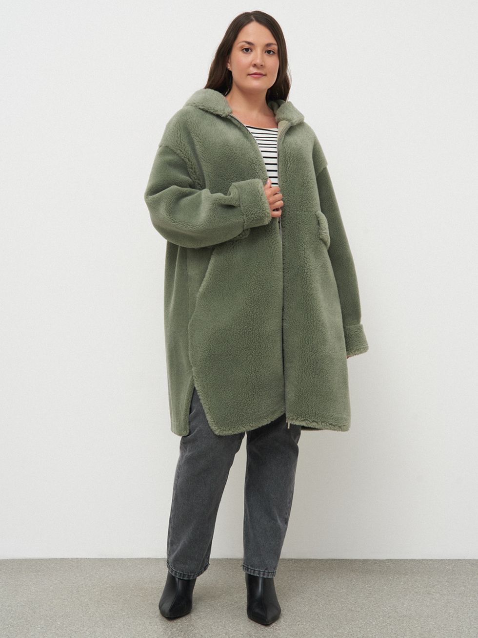 ШУБА ЗЕЛЕНАЯ, ШЕРСТЬ И ПОЛИЭСТЕР