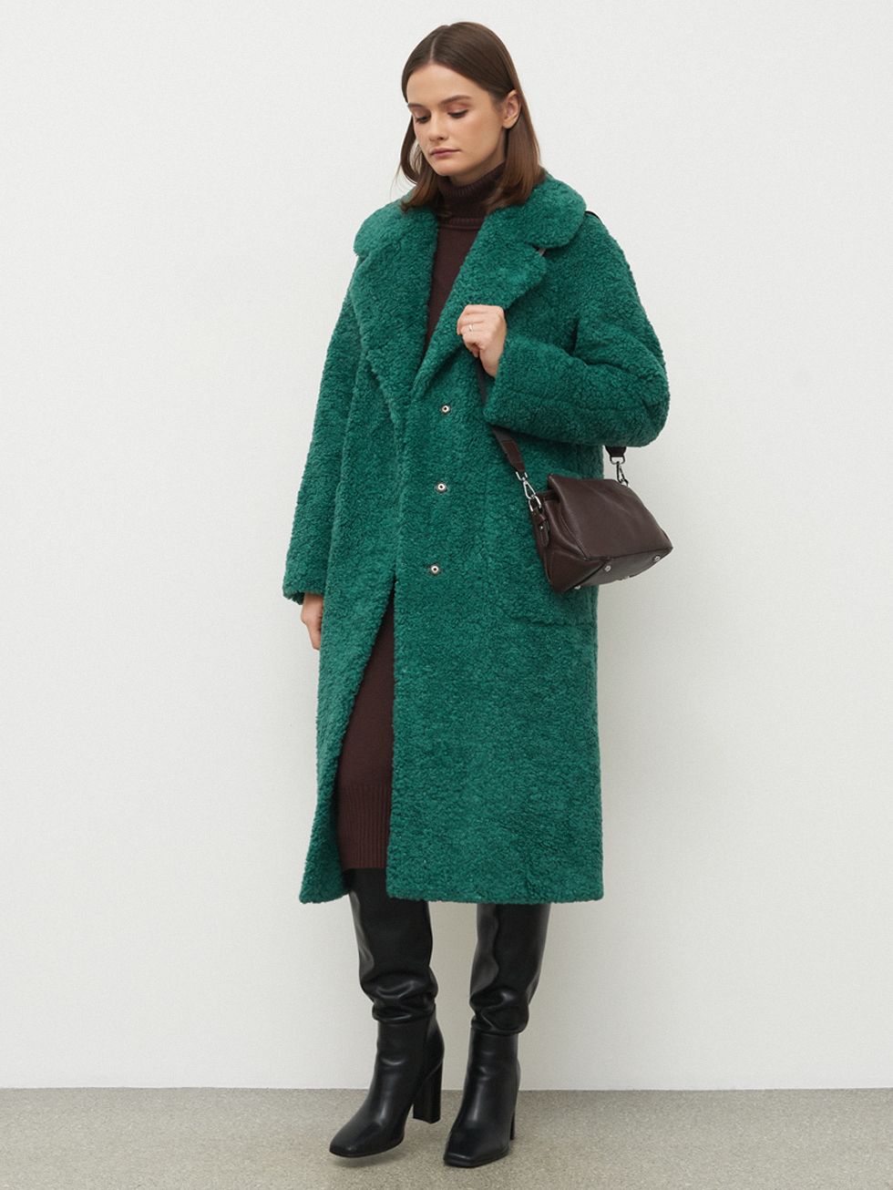 ШУБА ЗЕЛЕНАЯ, ШЕРСТЬ И ПОЛИЭСТЕР