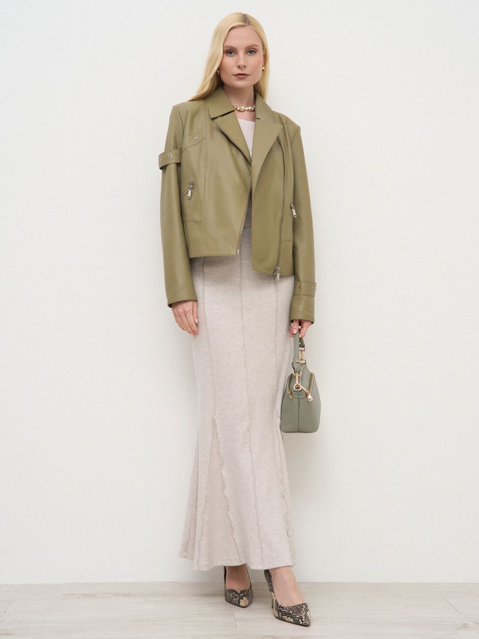 КОЖАНАЯ КУРТКА ЖЕНСКАЯ, ОЛИВКОВАЯ