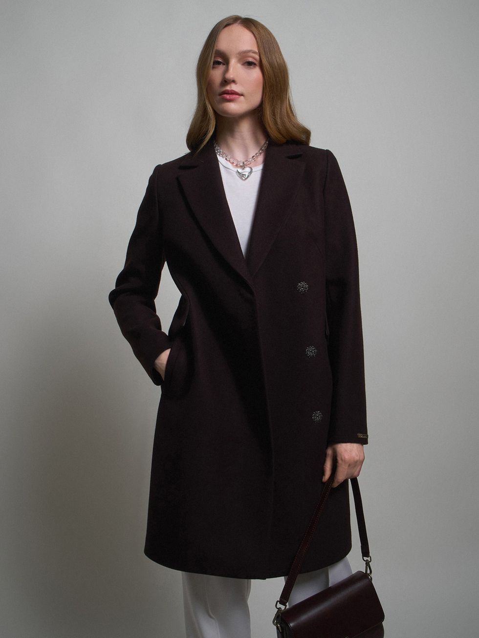 ТЕКСТИЛЬНОЕ ПАЛЬТО ЖЕНСКОЕ, ТЕМНО-КОРИЧНЕВОЕ