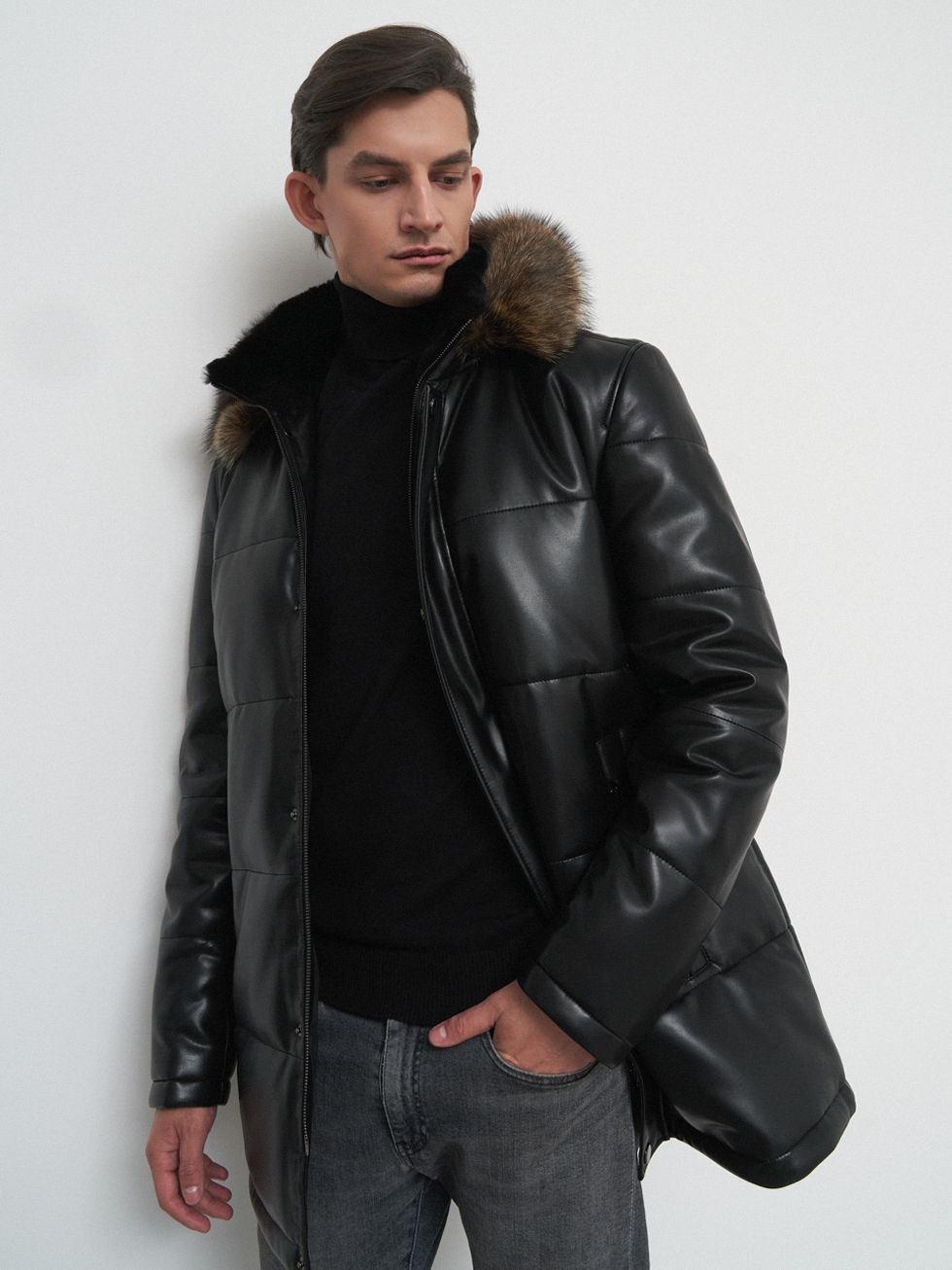 КОЖАНОЕ ПАЛЬТО МУЖСКОЕ, ЧЕРНОЕ