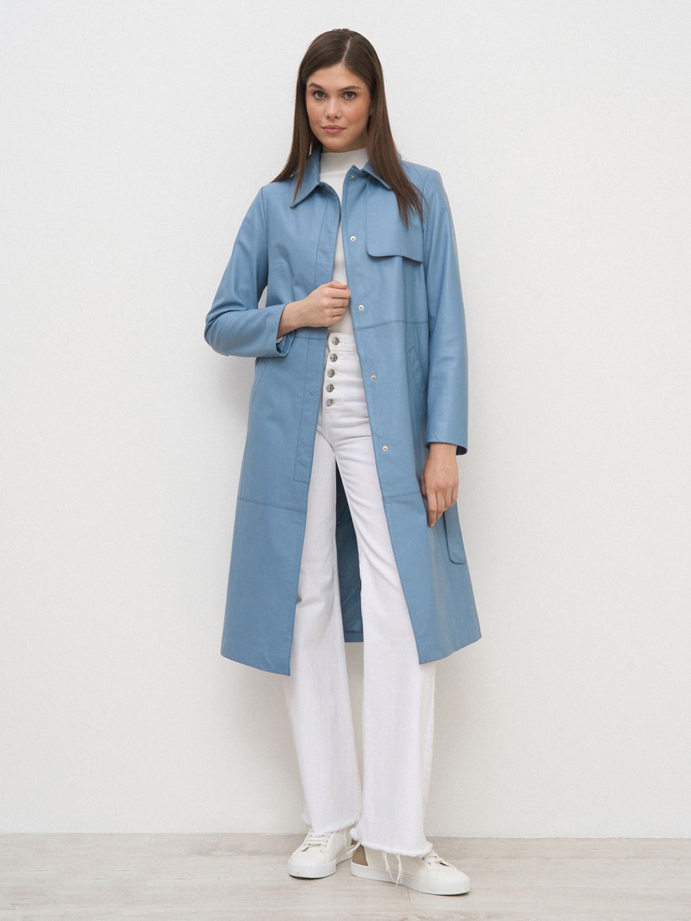 КОЖАНОЕ ПАЛЬТО ЖЕНСКОЕ, ГОЛУБОЕ